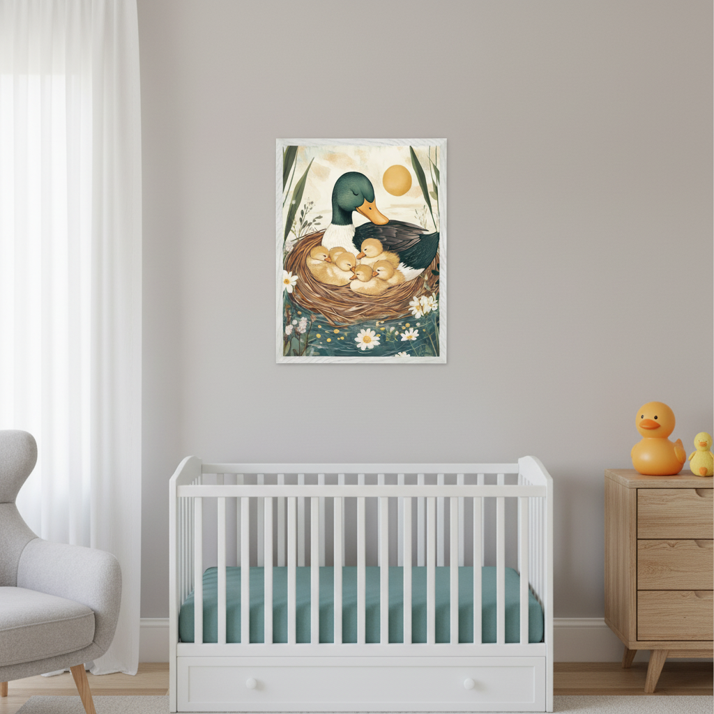 Nursery with a white crib, gray rocking chair, and wooden dresser. A framed illustration of a mother duck with ducklings in a nest, surrounded by reeds and flowers, hangs centered above the crib on a gray wall.
