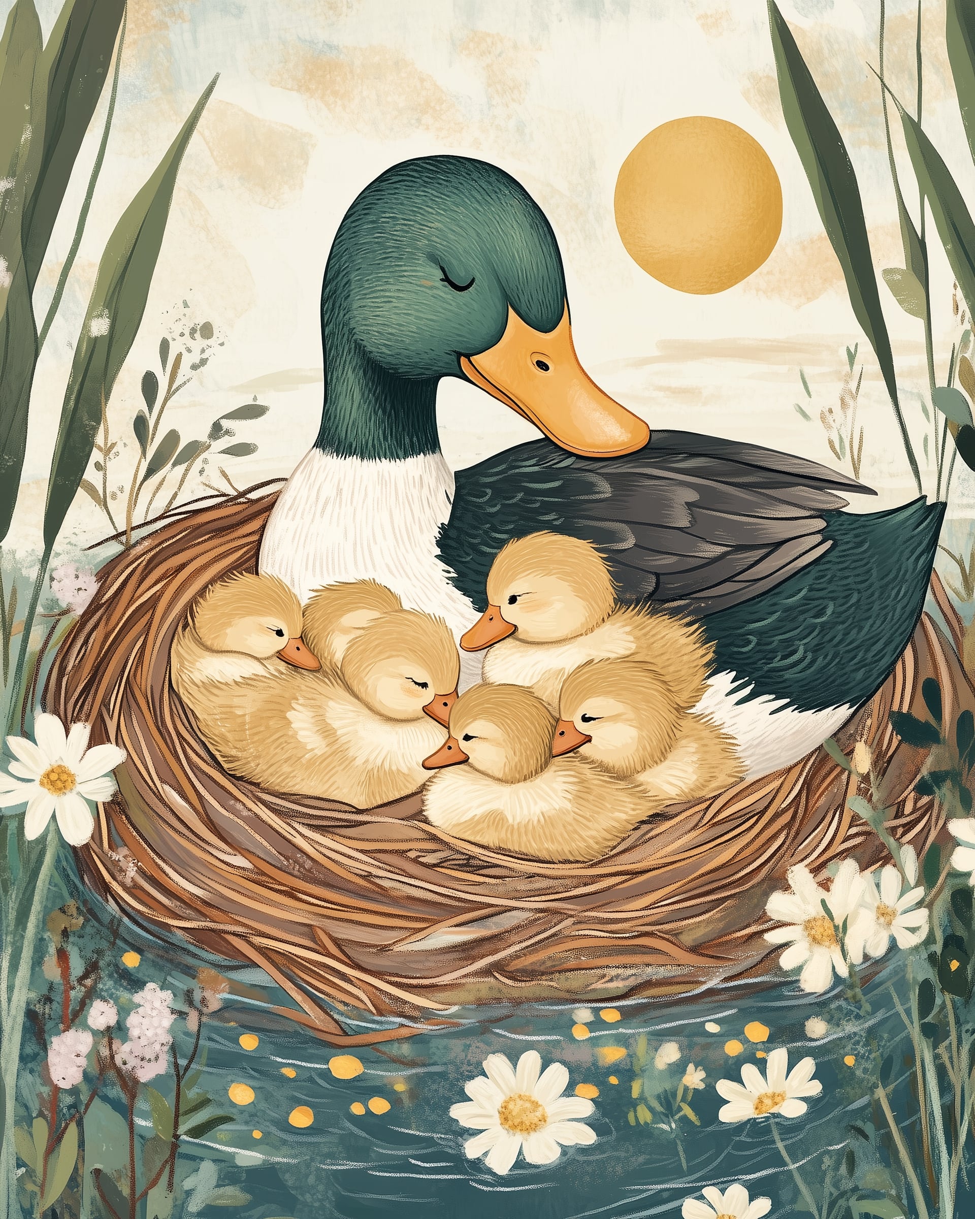 A peaceful duck with a green head and white chest snuggles with six fluffy yellow ducklings in a cozy nest floating on a flower-covered pond. Tall grasses and a soft yellow sun complete the serene, nature-filled setting.