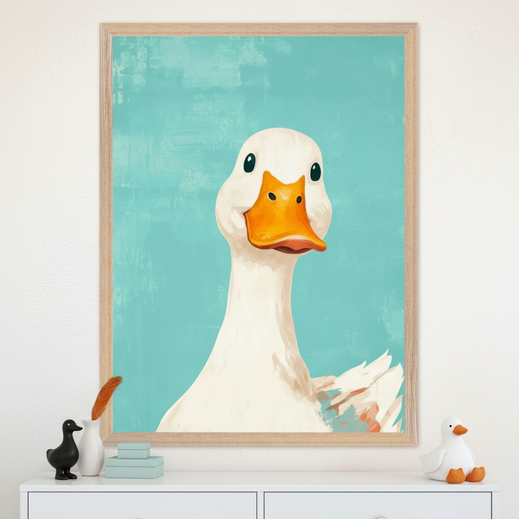 Modern room with a white dresser. A large framed painting of a white duck with an orange beak, facing forward, against a textured teal background hangs centered above the dresser. Decorative duck figures and boxes are on the dresser.