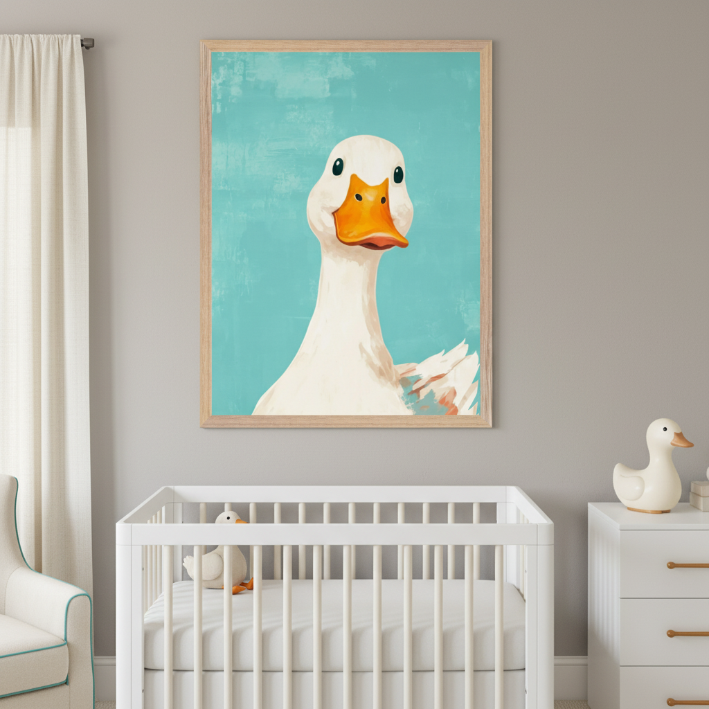 Modern nursery with a white crib. Above it hangs a large framed art print of a white duck with an orange beak against a teal background. A white dresser is on the right, and an armchair with blue trim is on the left.