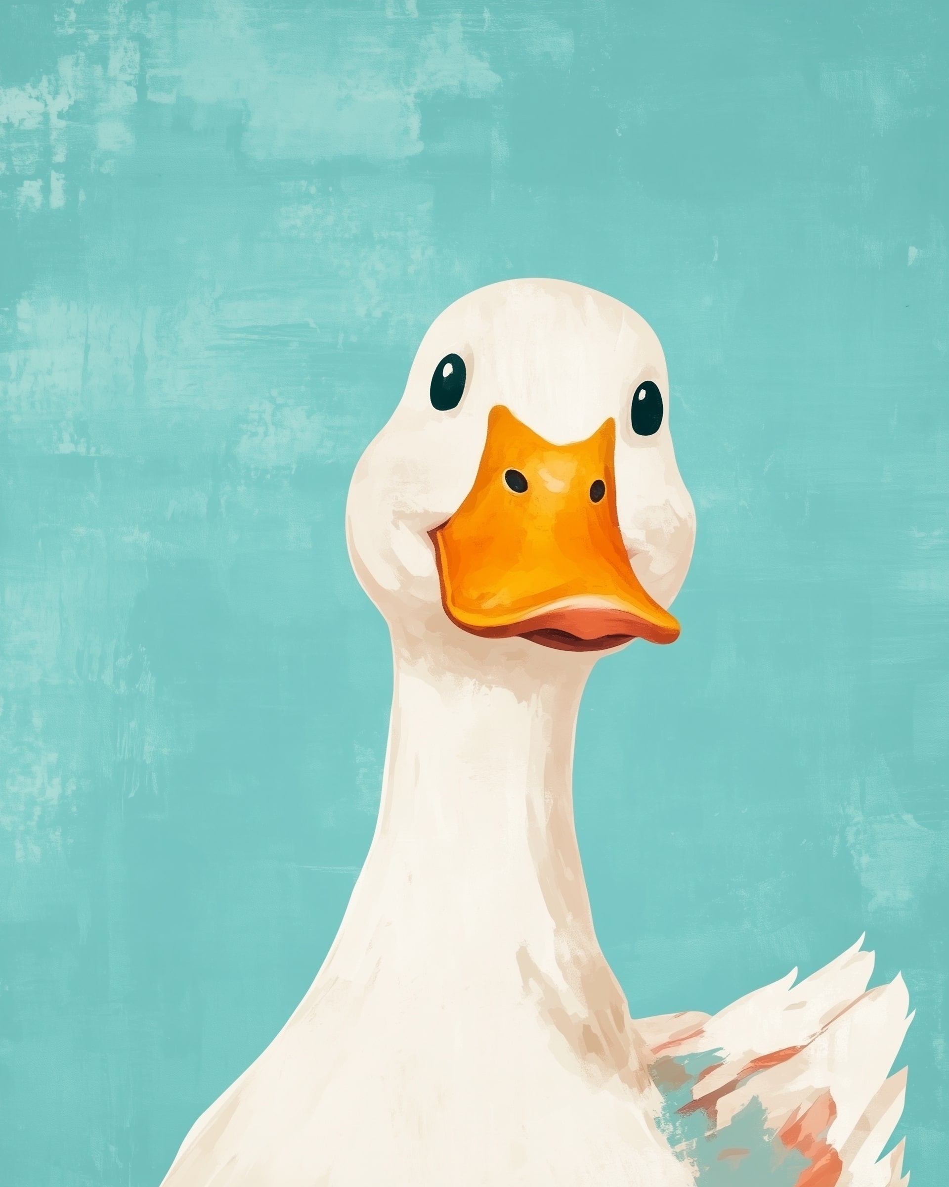 A cheerful white duck with a bright orange beak stares directly at the viewer against a textured teal background. The simple composition draws attention to the duck’s curious expression and soft feathers.