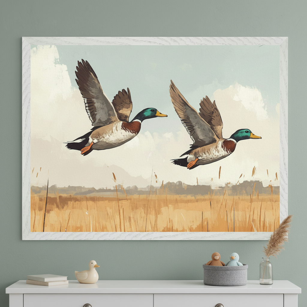 Kid's room with a white dresser against a light green wall. A large white-framed painting of two flying mallard ducks over a reedy landscape hangs above the dresser.