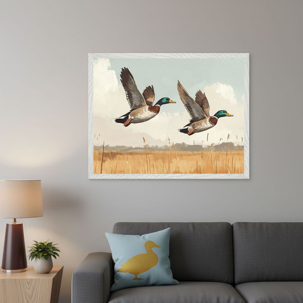 Modern living room with a dark gray sofa and a wooden side table with a lamp. Above the sofa, a framed painting shows two mallard ducks flying over a golden field under a light blue sky. A light blue pillow with a gold duck is on the sofa.