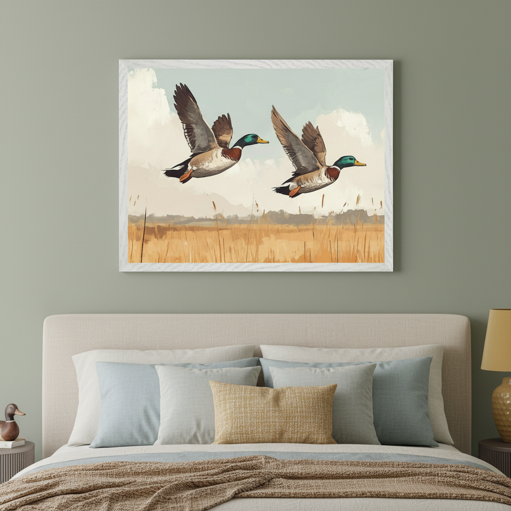 Modern bedroom with a beige upholstered bed and sage green wall. A framed print of two mallard ducks flying over a marsh in a painterly style hangs centered above the bed.