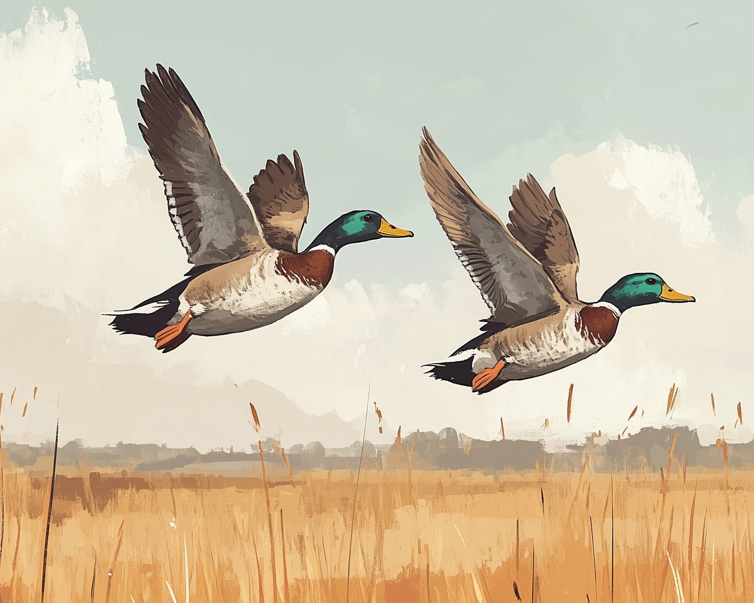 Two mallard ducks soar above a golden field with wings fully extended and vivid green heads glinting in the light. The sky is pale blue with scattered clouds, adding movement and freedom to the rural landscape.