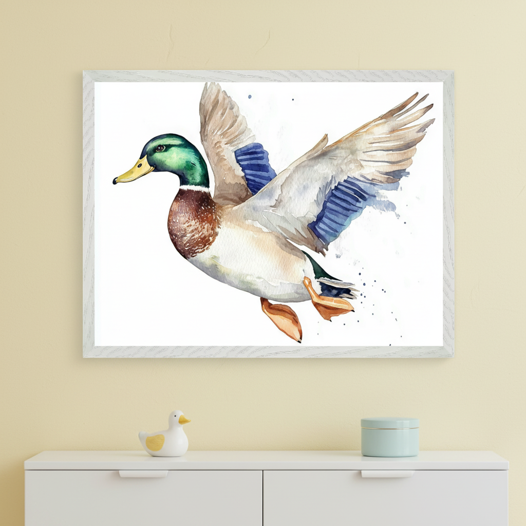 Modern kid's room with a light yellow wall and a white dresser. A large light wood-framed watercolor painting of a flying mallard duck is centered above the dresser. A small duck figurine and a blue box are on the dresser.