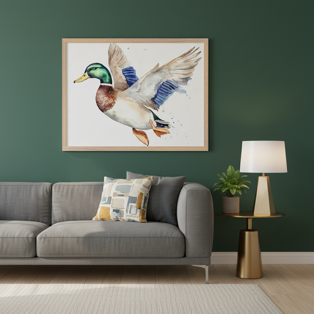 Modern living room with dark green walls. A light wood-framed watercolor painting of a mallard duck in flight hangs above a grey sofa. A golden side table with a lamp and plant sits beside the sofa.