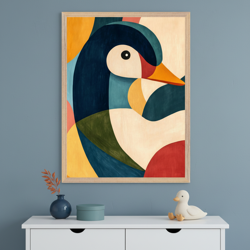 Modern kid's room with a white dresser against a blue wall. A large framed abstract geometric art print of a colorful duck's head hangs centered above the dresser. A blue vase, teal box, and duck figurine are on the dresser.