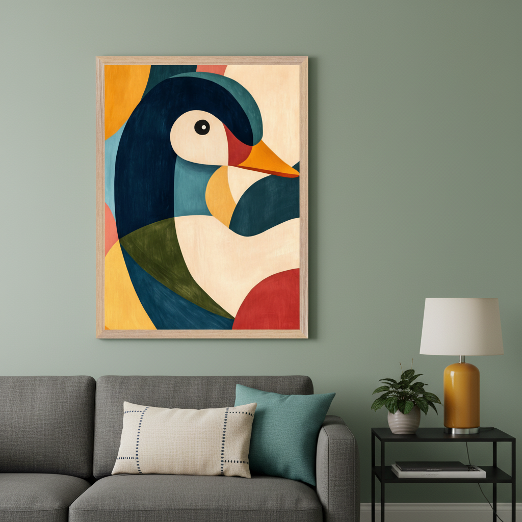 Living room with a sage green wall. A large framed abstract print of a colorful duck, featuring geometric shapes in blue, white, orange, red, and yellow, hangs above the left section of a gray sofa. A black side table with a yellow lamp and plant is to the right.