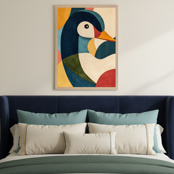 Modern bedroom with a dark blue upholstered bed and headboard. A framed abstract painting of a duck, featuring dark blue, yellow, red, and cream colors, hangs above the bed, centered slightly to the right.