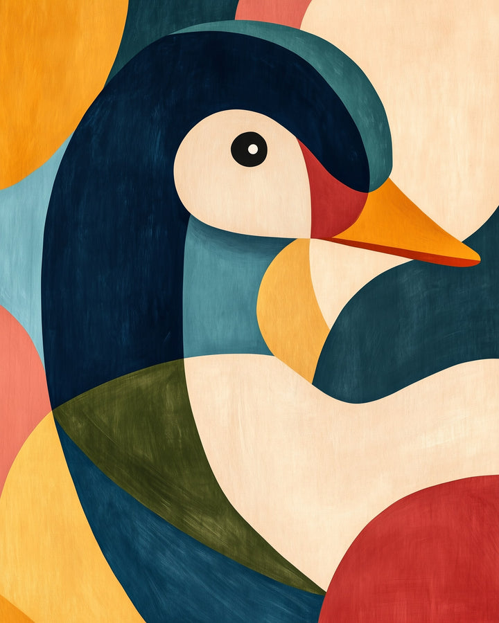 A modern abstract illustration of a bird, likely a duck or goose, created with bold, overlapping geometric shapes in navy, mustard, olive, coral, and beige. The bird's round eye and bright orange beak contrast with the soft curves of its body.