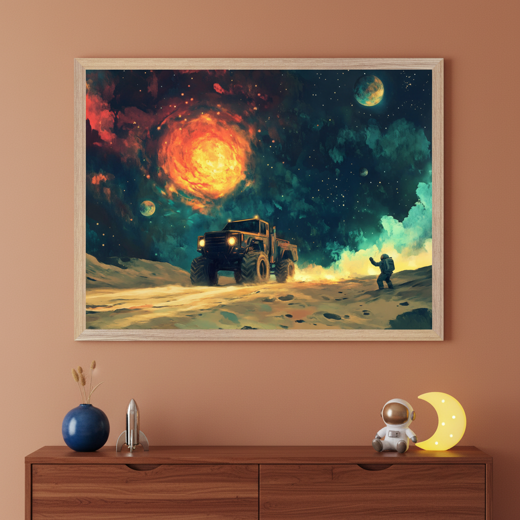 Modern room with a dark wood dresser. A large framed sci-fi painting of a truck on an alien planet under a vibrant orange nebula, with an astronaut waving, hangs centered above the dresser. Decor includes a vase, rocket, astronaut figure, and moon light.