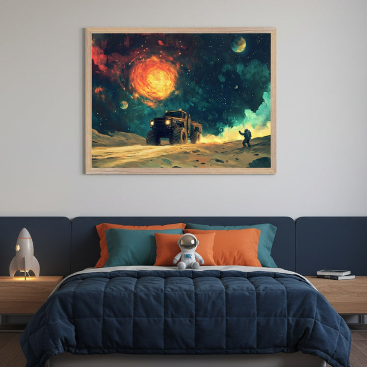 Kid's bedroom with a navy bed, orange and teal pillows, and wooden nightstands. A framed painting of a space scene with a truck, a bright nebula, planets, and an astronaut waving on an alien landscape is centered above the bed.