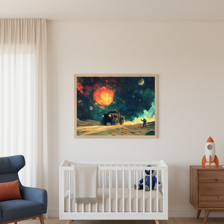 Modern nursery with a white crib, a blue armchair to the left, and a wooden dresser to the right. A framed sci-fi painting hangs above the crib, depicting a truck and an astronaut on an alien planet under a fiery nebula and stars.