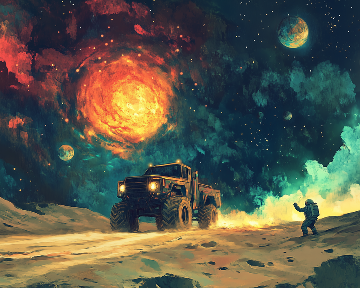 A rugged, futuristic off-road truck drives across an alien desert under a vibrant, swirling galaxy sky with planets and stars. An astronaut in a spacesuit gestures toward the vehicle as glowing clouds and cosmic dust fill the scene.