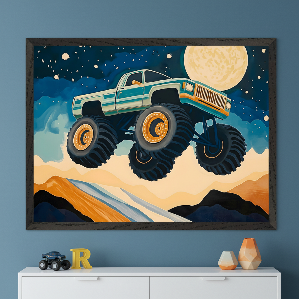 Kid's room with a white dresser. A large framed, stylized illustration of a monster truck jumping under a full moon and stars hangs above. On the dresser are a toy truck, yellow 'R', and two decorative vases.