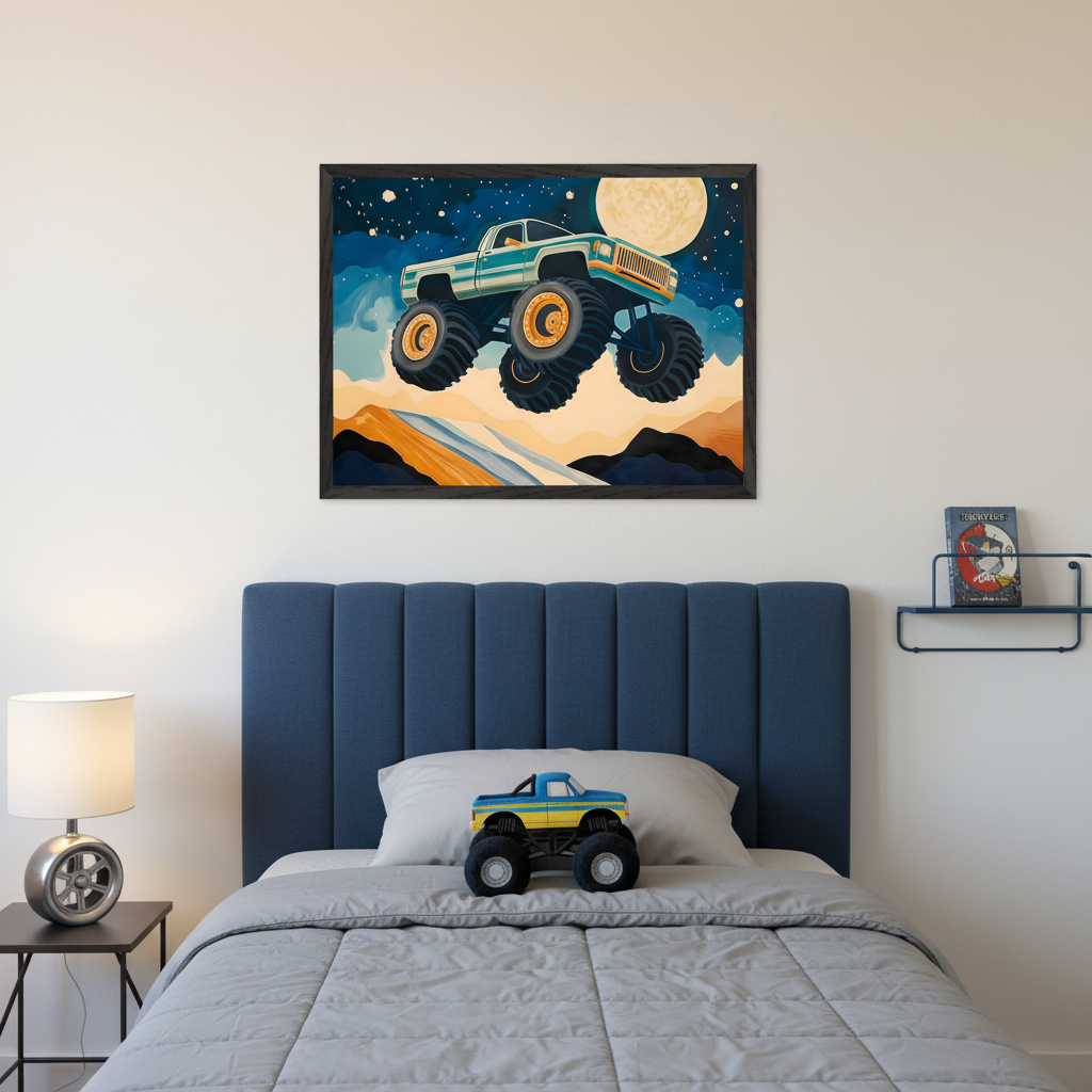 Kid's bedroom with a bed and blue upholstered headboard. Centered above the bed hangs a large framed stylized illustration of a blue monster truck jumping over orange hills under a starry sky and full moon. A monster truck toy is on the bed, a lamp on a nightstand, and a shelf with a book.