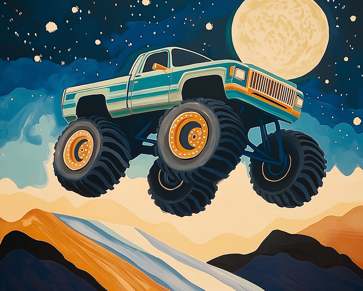 A stylized monster truck with giant tires leaps into the air against a night sky filled with stars and a large full moon. The background features stylized mountain peaks in warm and cool tones, adding a surreal, comic-book feel.
