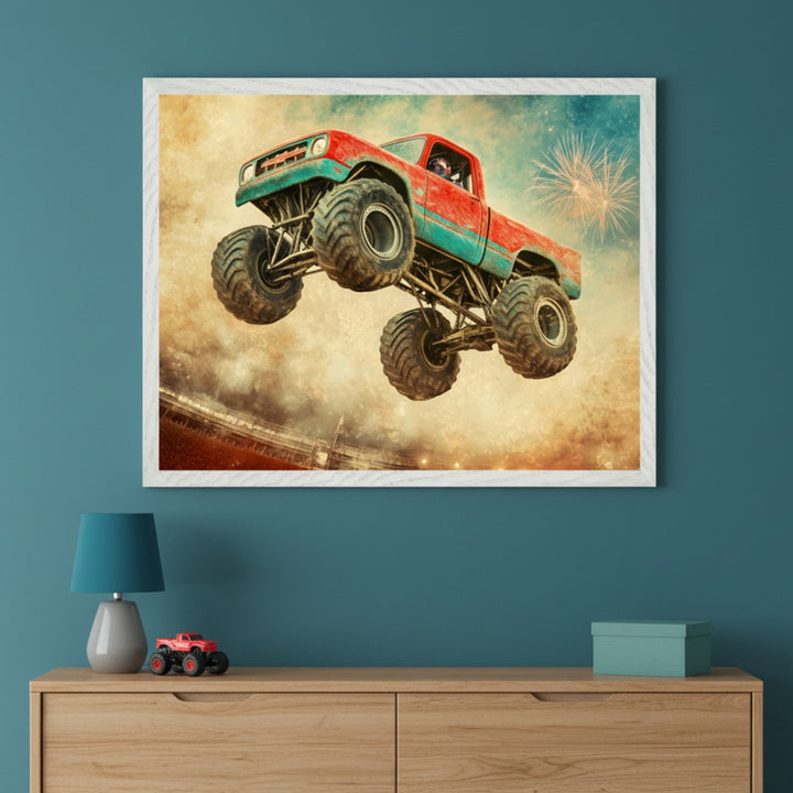 Modern room with a light wood dresser against a teal wall. A large white-framed print of a vintage-style red and teal monster truck jumping, with fireworks, hangs centered above the dresser. A lamp and toy monster truck are on the dresser.