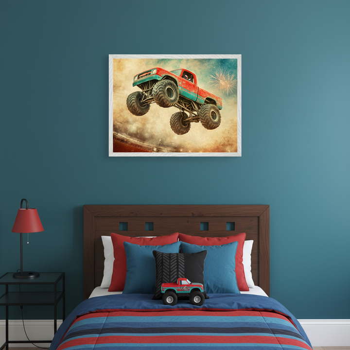 Kid's bedroom with a dark wood bed and striped bedding. Centered above the bed, a white-framed print features a red and teal monster truck jumping, in a distressed style with fireworks. A black nightstand and red lamp are beside the bed.
