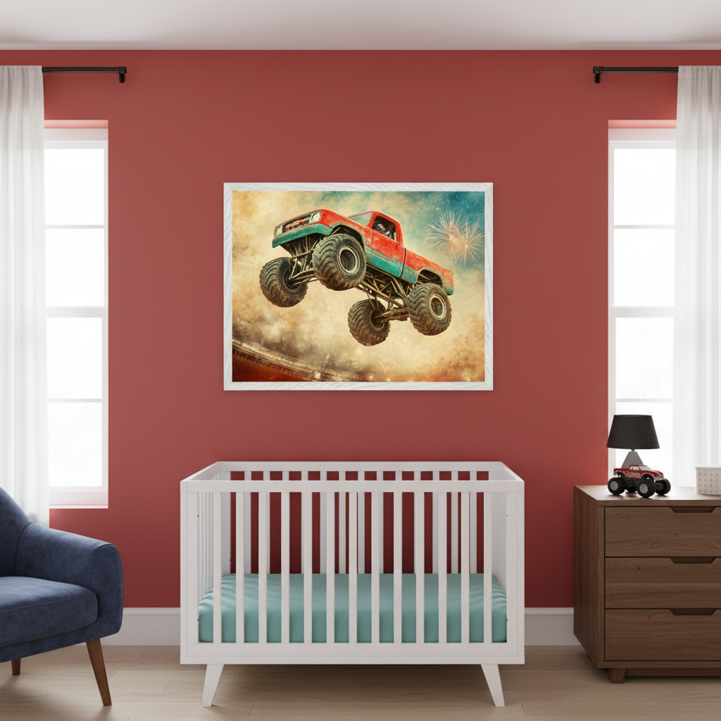 Modern nursery with a white crib and light blue sheet against a red wall. A large framed print of a vintage-style red and blue monster truck jumping hangs centered above the crib. A blue armchair is to the left, and a wooden dresser with a lamp and monster truck toy is to the right.