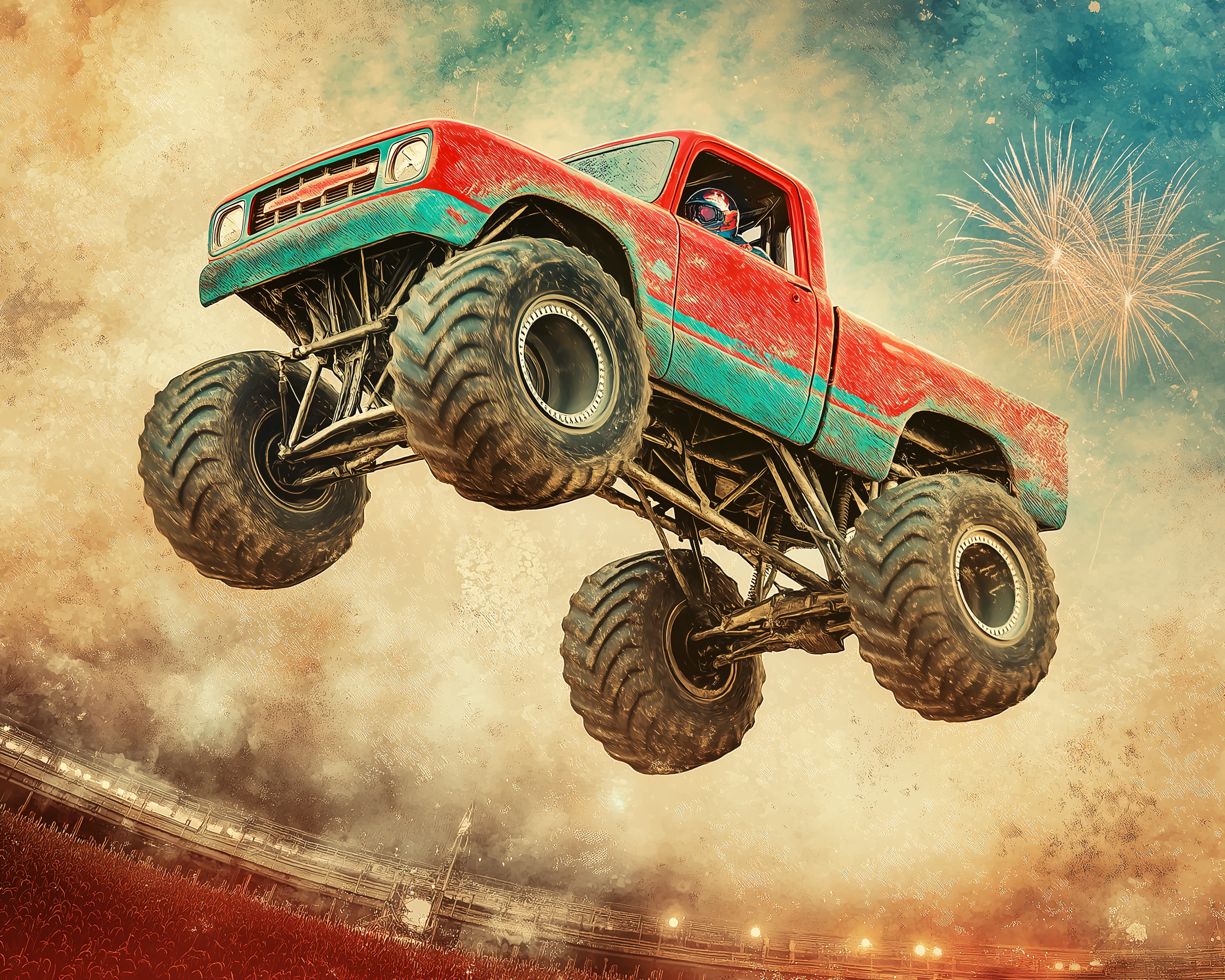 Monster Truck Wall Art for Nursery, Playroom or Kids Bedrooms - Action-Packed Red and Blue Stadium Jump - Thunder Jumper