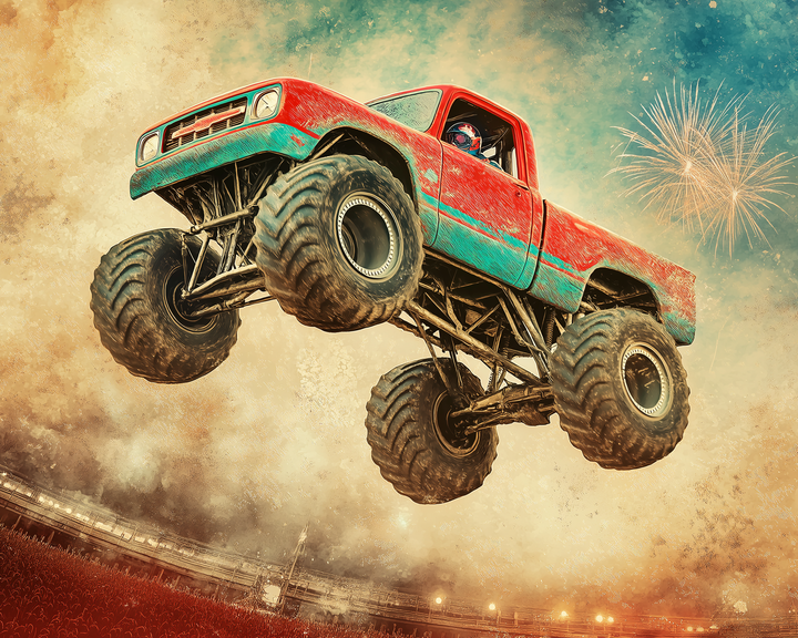A red and teal monster truck soars high above a packed stadium, with fireworks exploding in the sky behind it. The image has a vintage, action-packed aesthetic with dust and grit adding intensity to the motion.