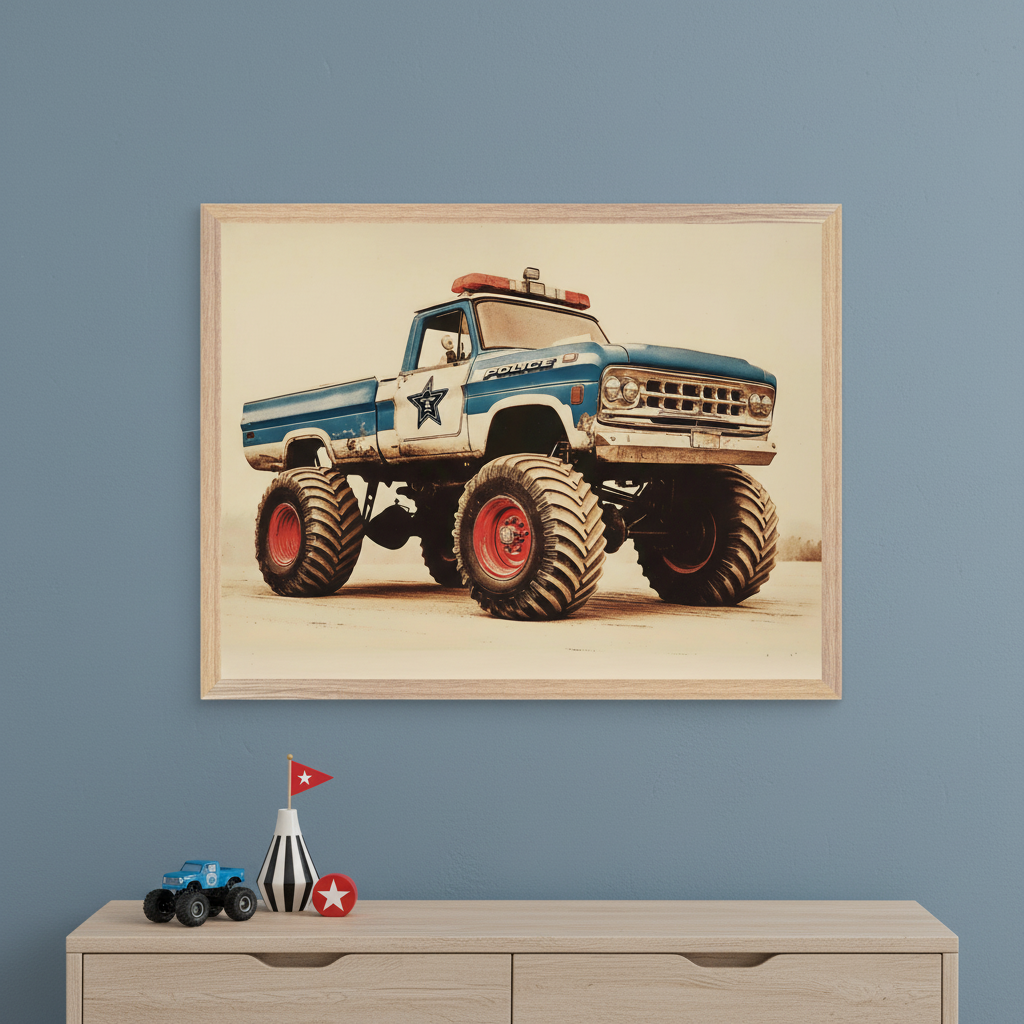 Monster Truck Wall Art for Nursery, Playroom or Kids Bedrooms - Vintage Blue Police Truck Decor - Justice Cruiser