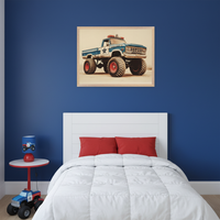Kid's bedroom with blue walls, a white bed with a slatted headboard and red pillows. A red and white nightstand with a monster truck lamp is beside the bed. A framed illustration of a blue police-style monster truck hangs centered above the bed.