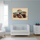 Modern nursery with a white crib and an armchair. A large framed print of a vintage blue monster truck with red wheels, 'POLICE' lettering, and a star emblem hangs on the light blue wall, centered above the crib. A white dresser is on the right.