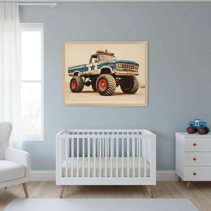 Modern nursery with a white crib and an armchair. A large framed print of a vintage blue monster truck with red wheels, 'POLICE' lettering, and a star emblem hangs on the light blue wall, centered above the crib. A white dresser is on the right.