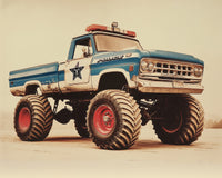 A retro blue and white police truck with oversized monster truck tires sits on a dusty plain. The design includes a star badge logo, red lights on top, and weathered paint, giving it a rugged, law-enforcement-meets-off-road look.