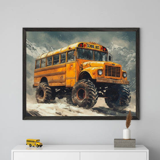 Modern room with a white console table. Large framed wall art of a yellow monster school bus in a snowy mountain landscape, in a painterly style, hangs centered above the table. A toy school bus and a small vase are on the table.
