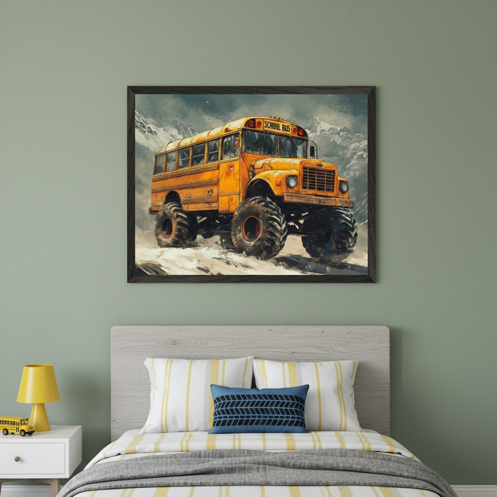 Kid's bedroom with a bed and white nightstand. A large framed digital painting of a yellow monster school bus in snowy mountains hangs centered above the bed.