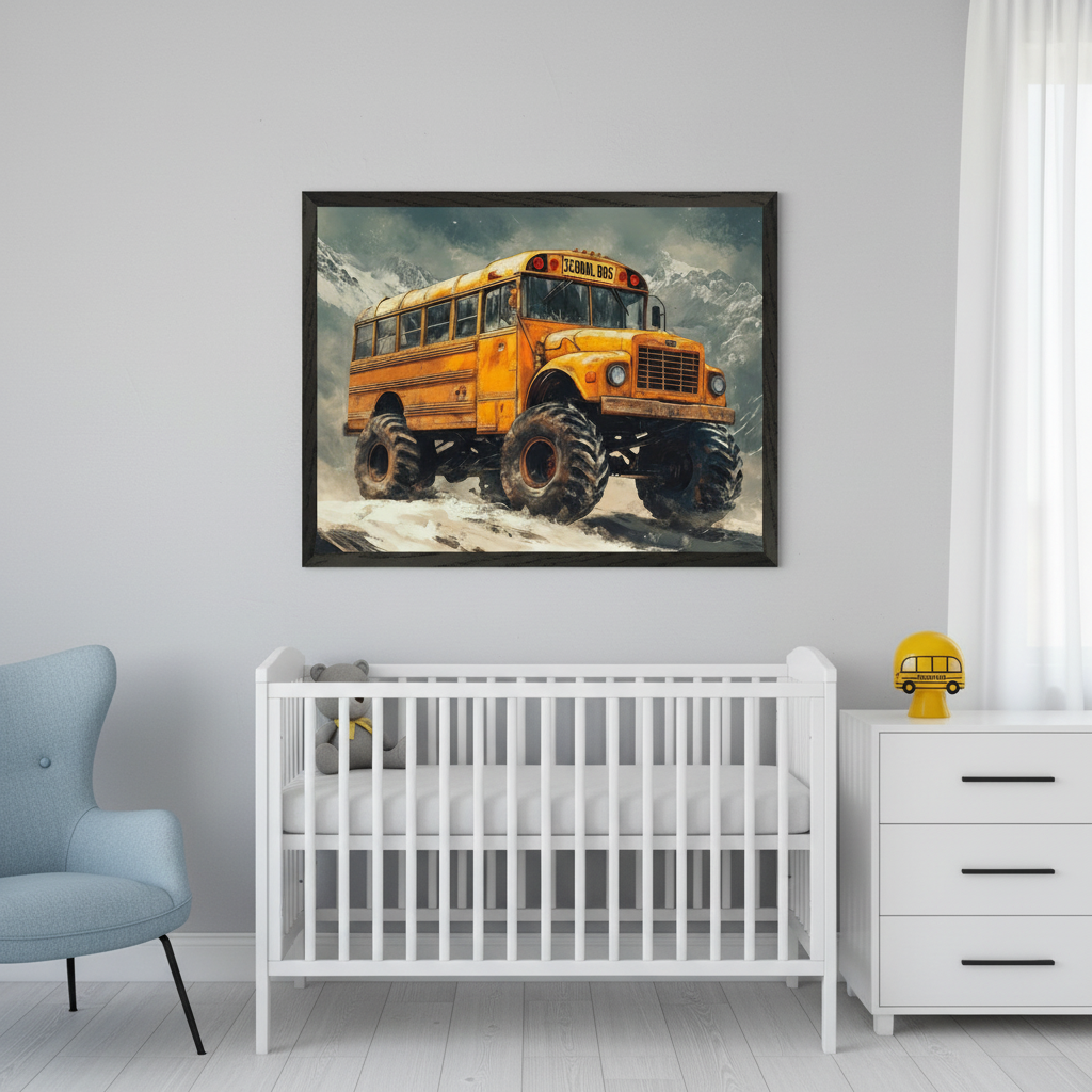 Modern nursery with a white crib, a light blue armchair, and a white dresser. A large framed print of a yellow monster school bus driving through snowy mountains hangs centered above the crib.