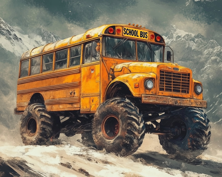 A yellow school bus transformed into a monster truck stands on a snowy mountain path. With massive wheels and a weathered frame, it contrasts dramatically against the icy landscape and towering peaks in the background.