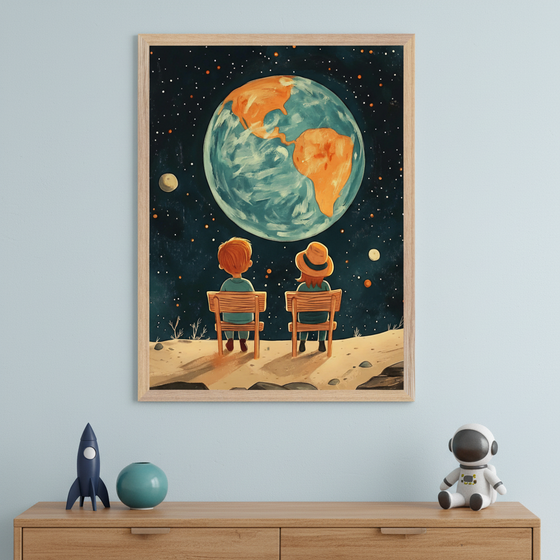 Child's bedroom with a light blue wall and wooden dresser. A framed painting above the dresser shows two cartoon children on a moon-like surface, looking at Earth in space. A rocket, teal orb, and astronaut figurine are on the dresser.