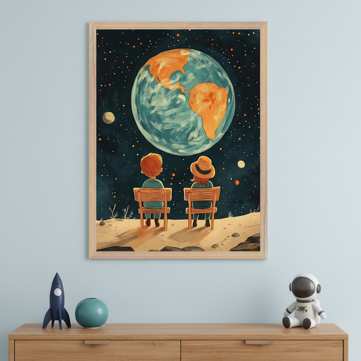 Child's bedroom with a light blue wall and wooden dresser. A framed painting above the dresser shows two cartoon children on a moon-like surface, looking at Earth in space. A rocket, teal orb, and astronaut figurine are on the dresser.