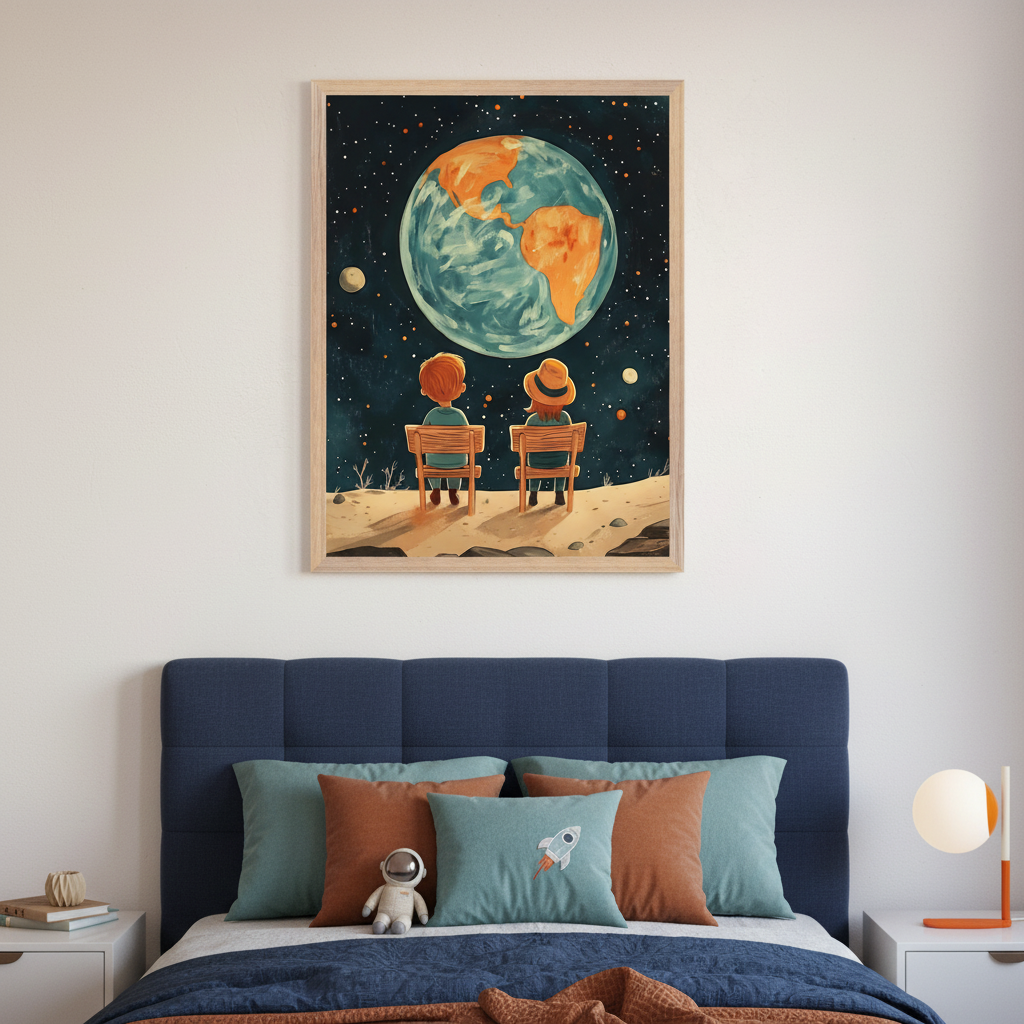 Kid's bedroom with a blue upholstered bed. A framed painting of two children sitting on a lunar surface, gazing at a large Earth in a starry sky, hangs above the bed.