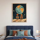 Kid's bedroom with a blue upholstered bed. A framed painting of two children sitting on a lunar surface, gazing at a large Earth in a starry sky, hangs above the bed.