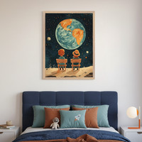 Kid's bedroom with a blue upholstered bed. A framed painting of two children sitting on a lunar surface, gazing at a large Earth in a starry sky, hangs above the bed.