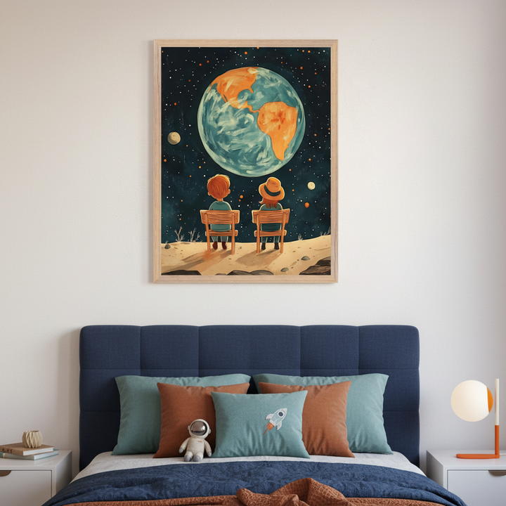 Kid's bedroom with a blue upholstered bed. A framed painting of two children sitting on a lunar surface, gazing at a large Earth in a starry sky, hangs above the bed.
