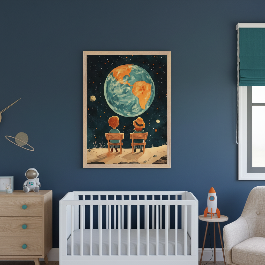 Modern nursery with dark blue walls. A white crib is below a large framed painting of two figures on benches looking at a stylized Earth in space. A wood dresser is to the left of the crib, and an armchair is to the right.