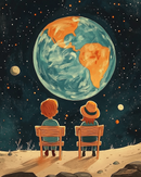 Two children sit on wooden chairs gazing at a large, glowing Earth floating in a starry sky, as if from the surface of the moon. The scene is imaginative and whimsical, capturing a moment of wonder and connection.