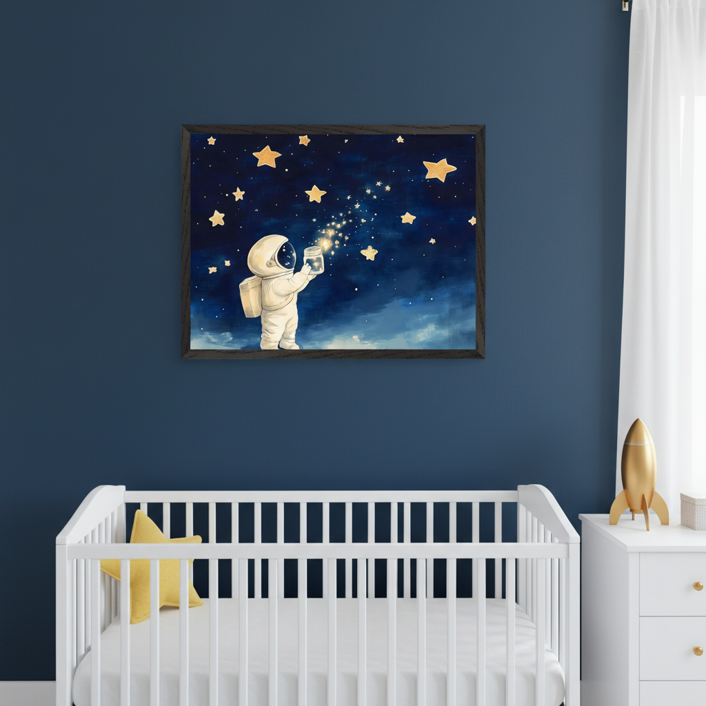 Modern nursery with a white crib and dresser against a dark blue wall. Above the crib hangs a framed illustration of an astronaut collecting glowing stars in a jar. A golden rocket sits on the dresser.