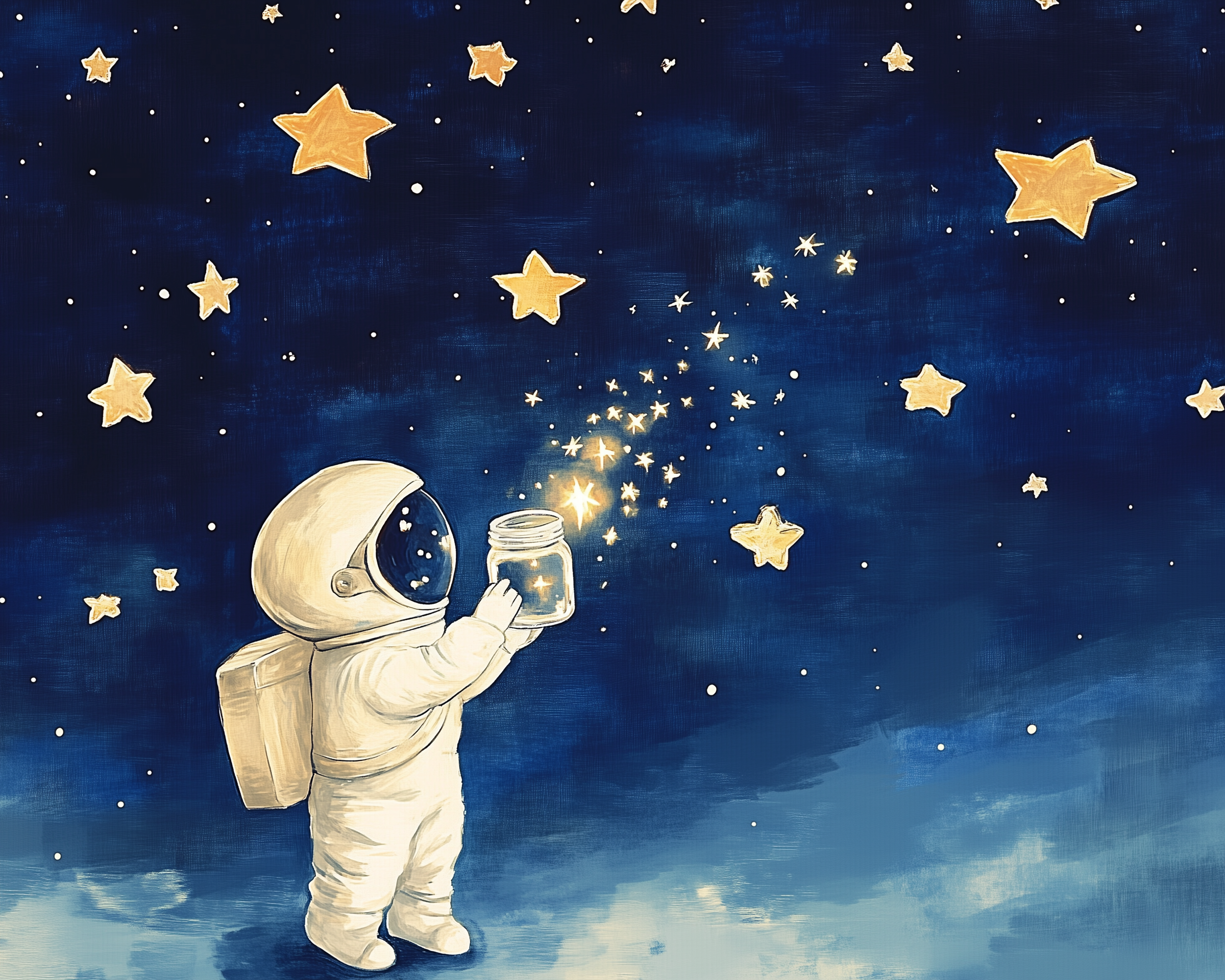 A small astronaut in a white suit holds a glass jar as glowing stars pour into it, surrounded by a dreamy navy-blue sky filled with bright, hand-drawn stars. The image has a magical, storybook feel.