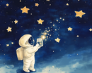 A small astronaut in a white suit holds a glass jar as glowing stars pour into it, surrounded by a dreamy navy-blue sky filled with bright, hand-drawn stars. The image has a magical, storybook feel.
