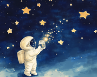 A small astronaut in a white suit holds a glass jar as glowing stars pour into it, surrounded by a dreamy navy-blue sky filled with bright, hand-drawn stars. The image has a magical, storybook feel.