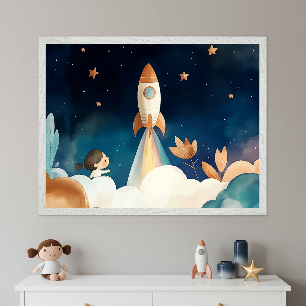 Kid's room with a white dresser against a gray wall. A large white-framed watercolor print hangs above the dresser, showing a girl on clouds watching a rocket launch into a dark, star-filled night sky. A plush doll and rocket ornament sit on the dresser.