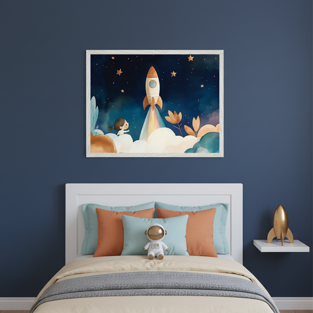 Kid's bedroom with a white bed and headboard against a dark blue wall. A large framed watercolor print of a girl watching a rocket launch at night hangs above the bed. An astronaut toy is on the bed, and a golden rocket is on a white floating shelf.